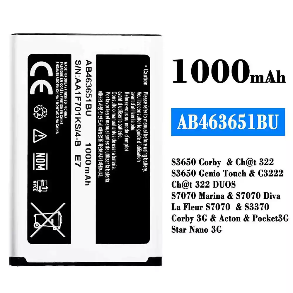 全新電池 AB463651BU 適用於 Samsung S3650 Corby