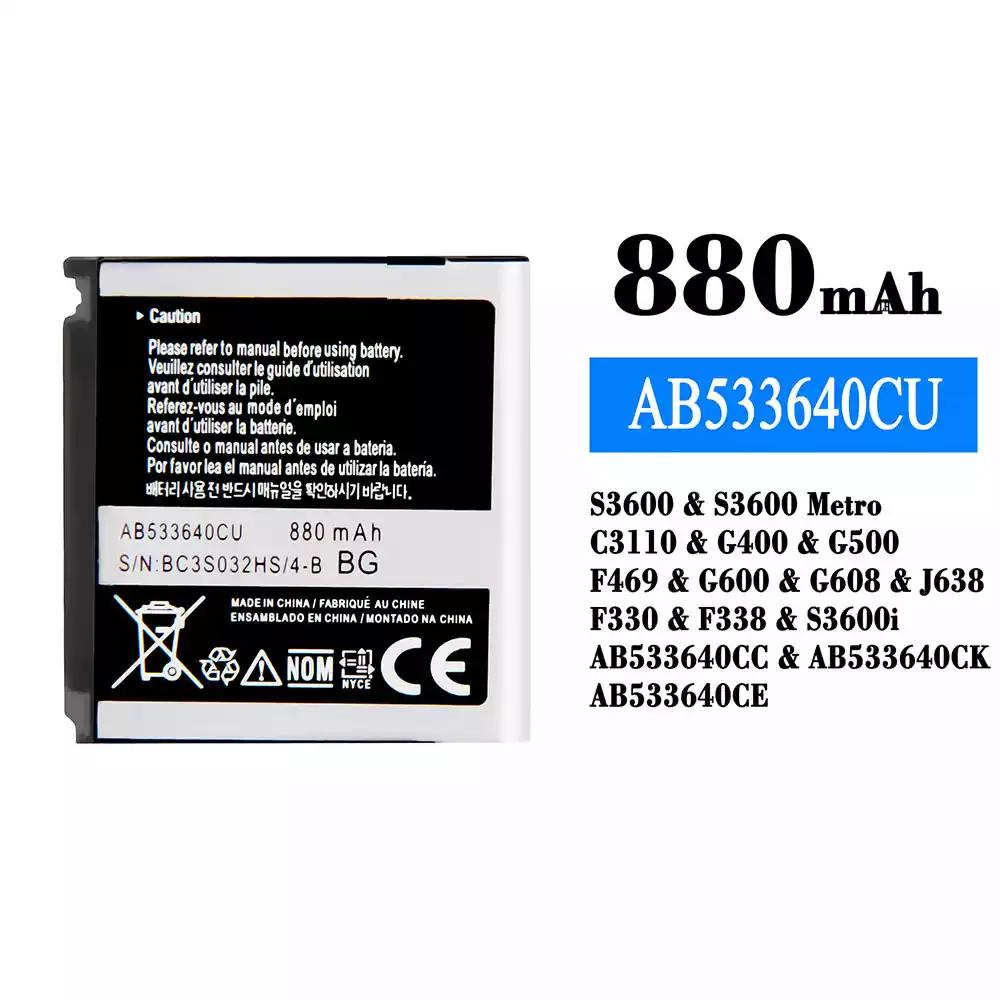 全新電池 AB533640CU 適用於 Samsung S3600/S3600 Metro