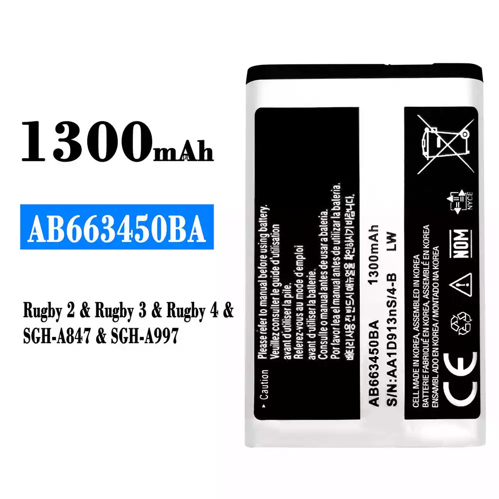 全新電池 AB663450BA 適用於 Samsung Rugby 2/Rugby 3/Rugby 4