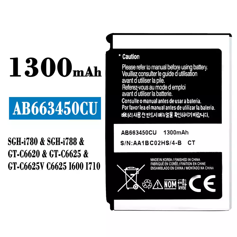 全新電池 AB663450CU 適用於 Samsung SCH-i780/SCH-i788/FT-C6620/GT-C6625