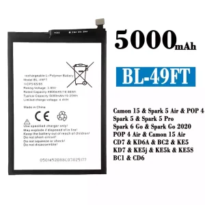 全新電池 BL-49FT 適用於 Tecno Camon 15 /Camon 15 Air/ Spark 5 Air /Spark 5 / Spark 5 Pro / Spark 6 Go / Spark Go 2020 / POP 4/POP 4 Air