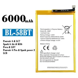 全新電池 BL-58BT 適用於 Tecno Pouvoir 4 / Pouvoir 4 Pro/ Spark 6 Air / Spark power 2